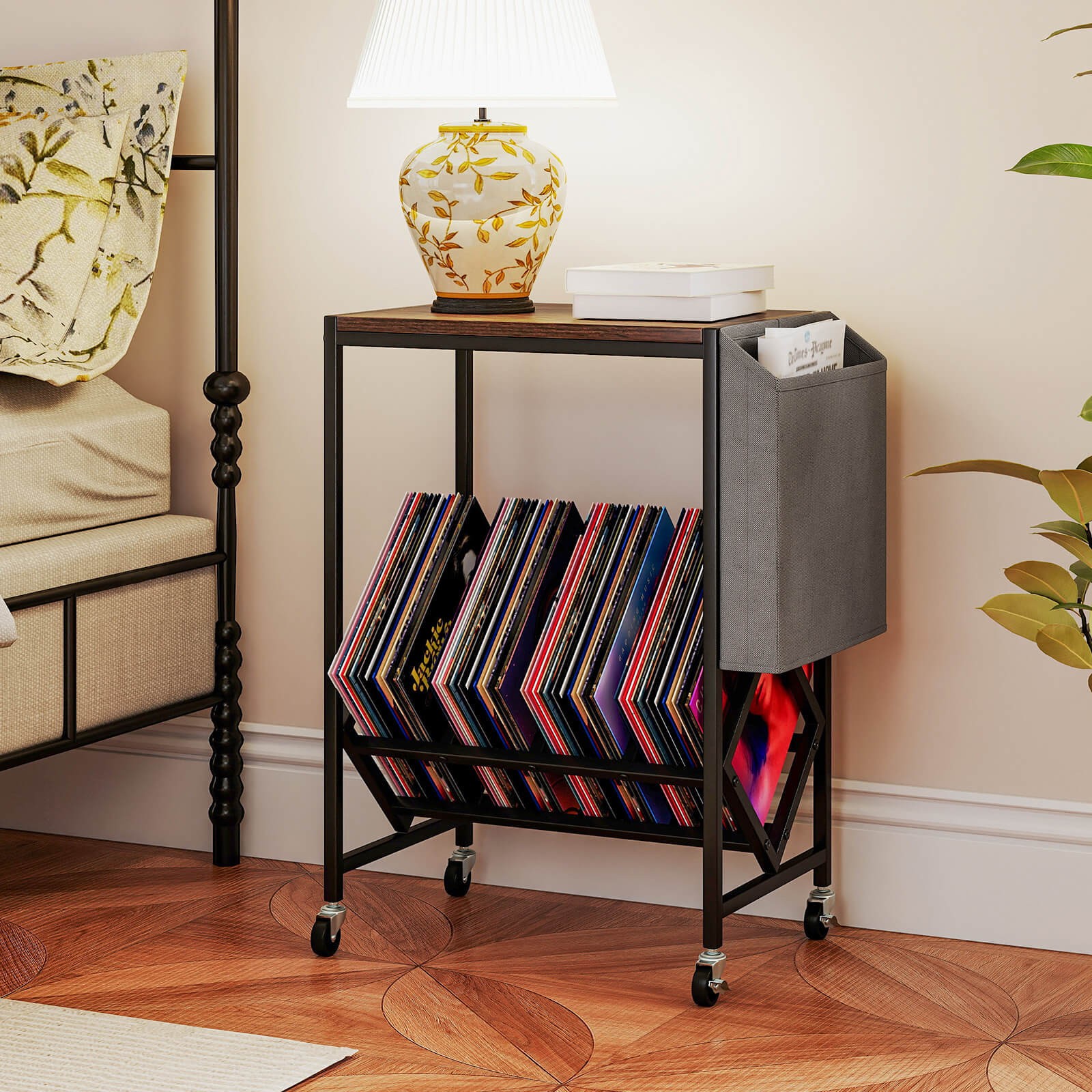 Record Player Stand w/Vinyl Record Storage & Side Storage Pouch, Swivel Wheels