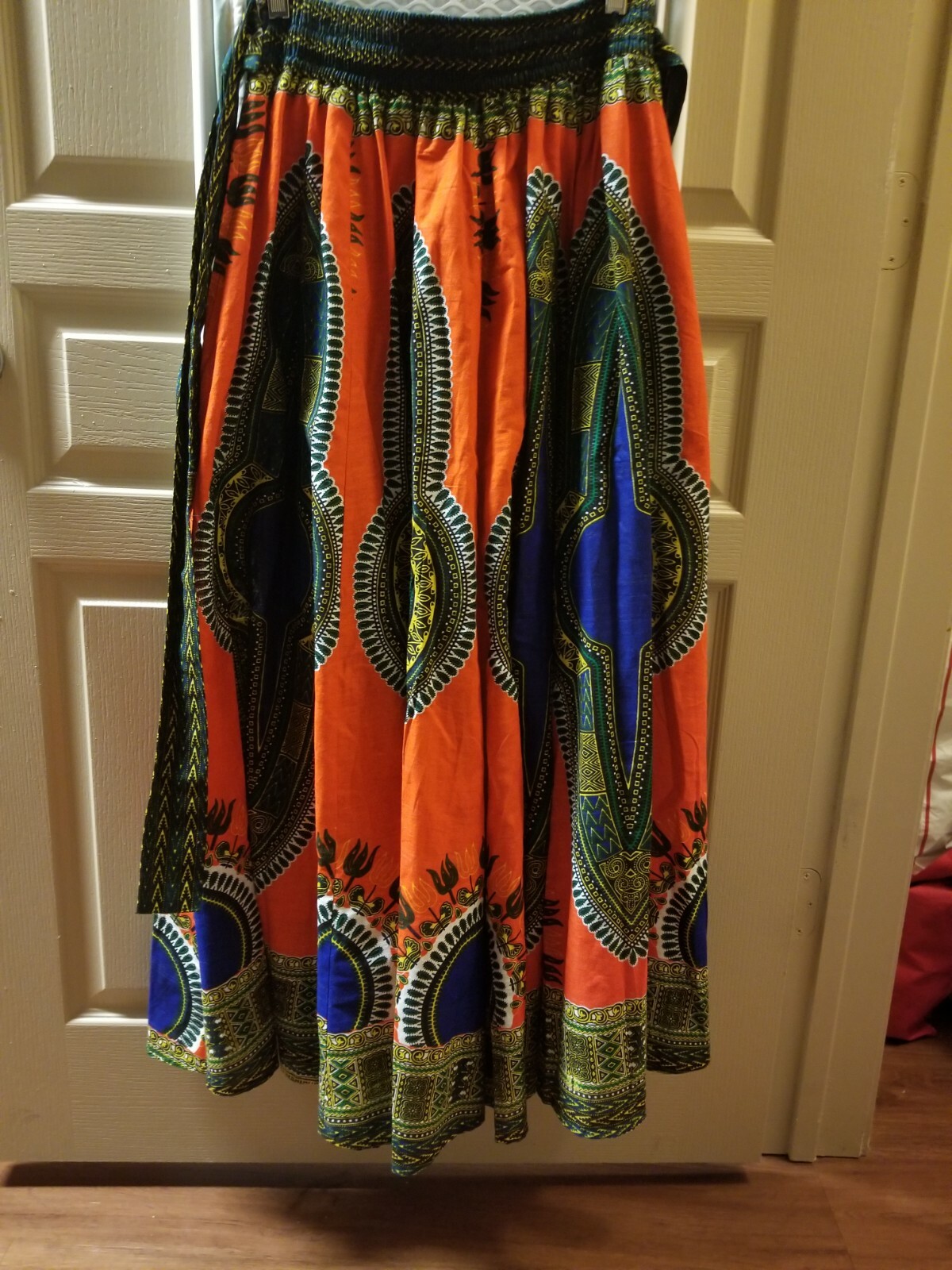 Used Ankara  Skirt Orange/Red Maxi Full Length. Waist 13.5 " to 48" stretched
