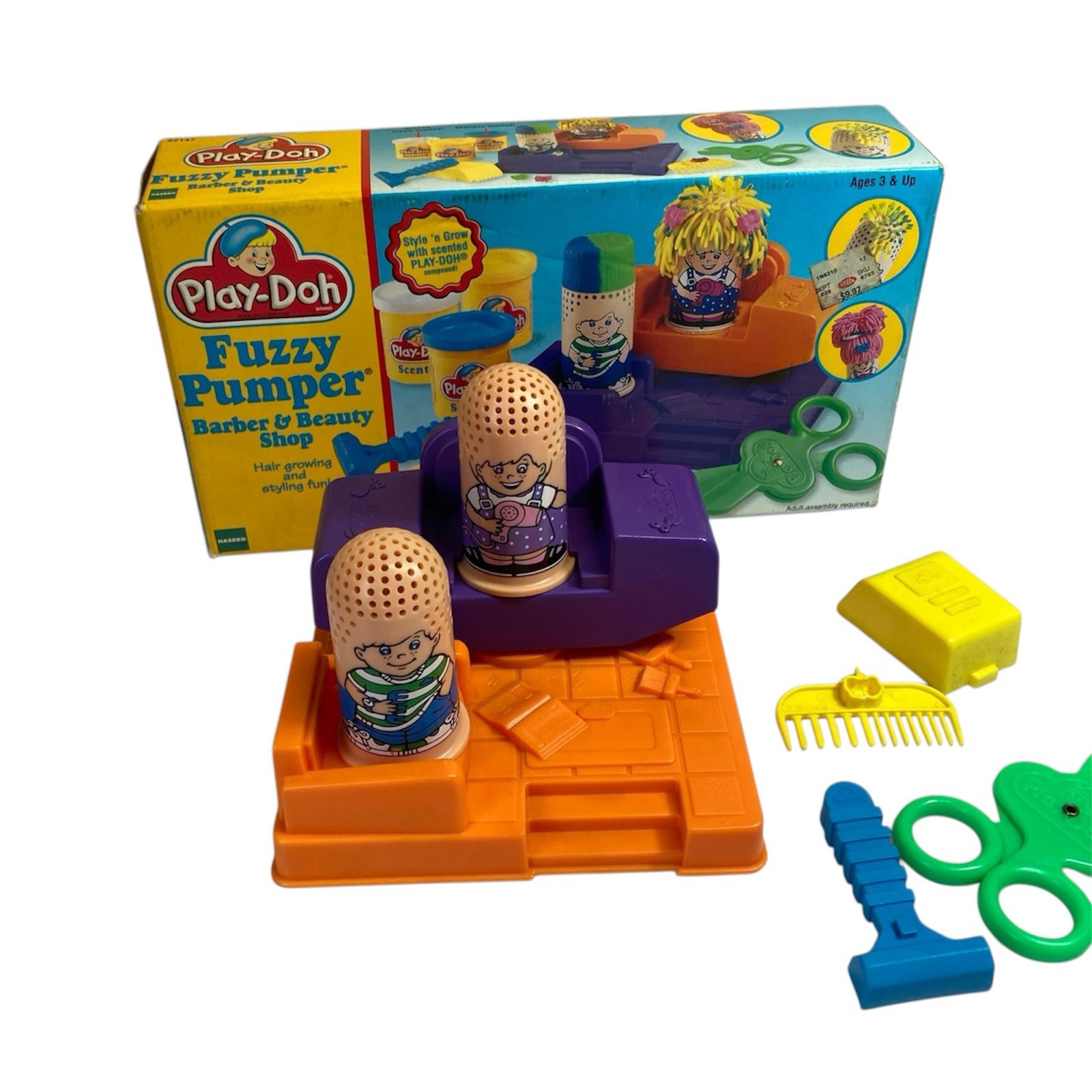 Vintage Play-Doh Fuzzy Pumper Barber & Beauty Shop Hair Growing and Styling Fun