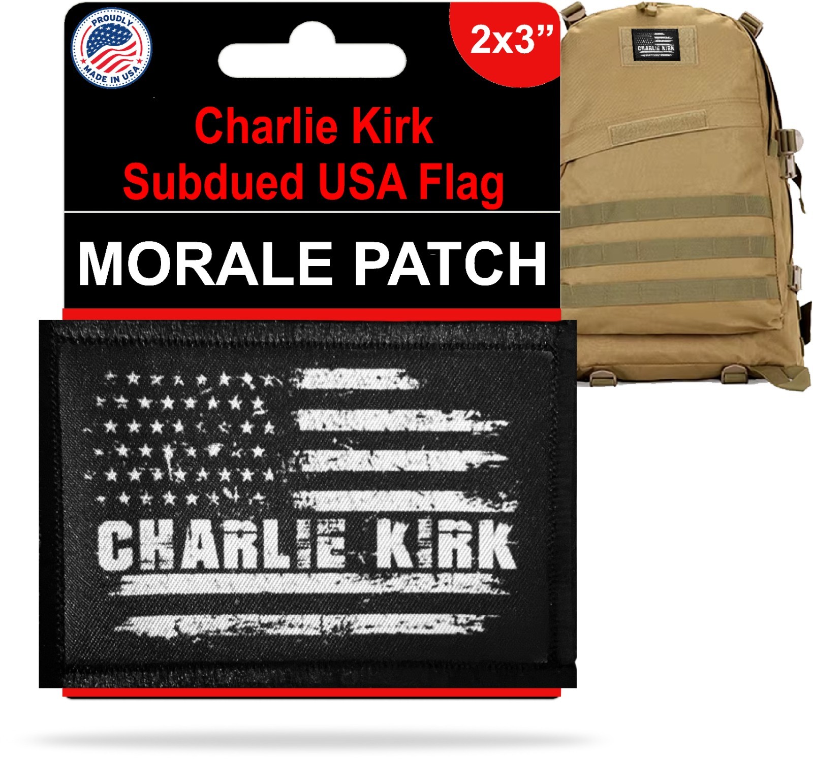 Charlie Kirk Morale Patch | Subdued USA Flag | Patriotic tactical patches