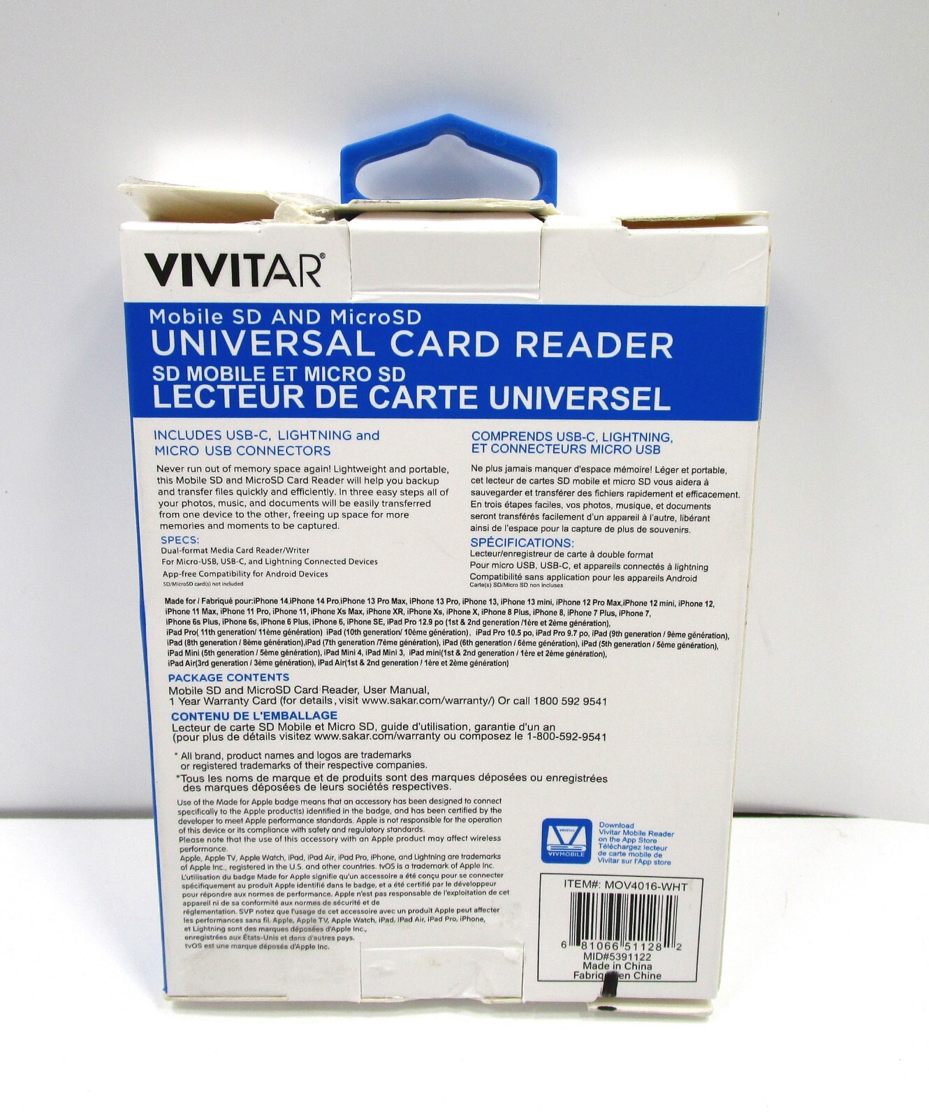 VIVITAR MOV4016-WHT Mobile SD, Micro SD and Compact Flash Card Reader (OB)