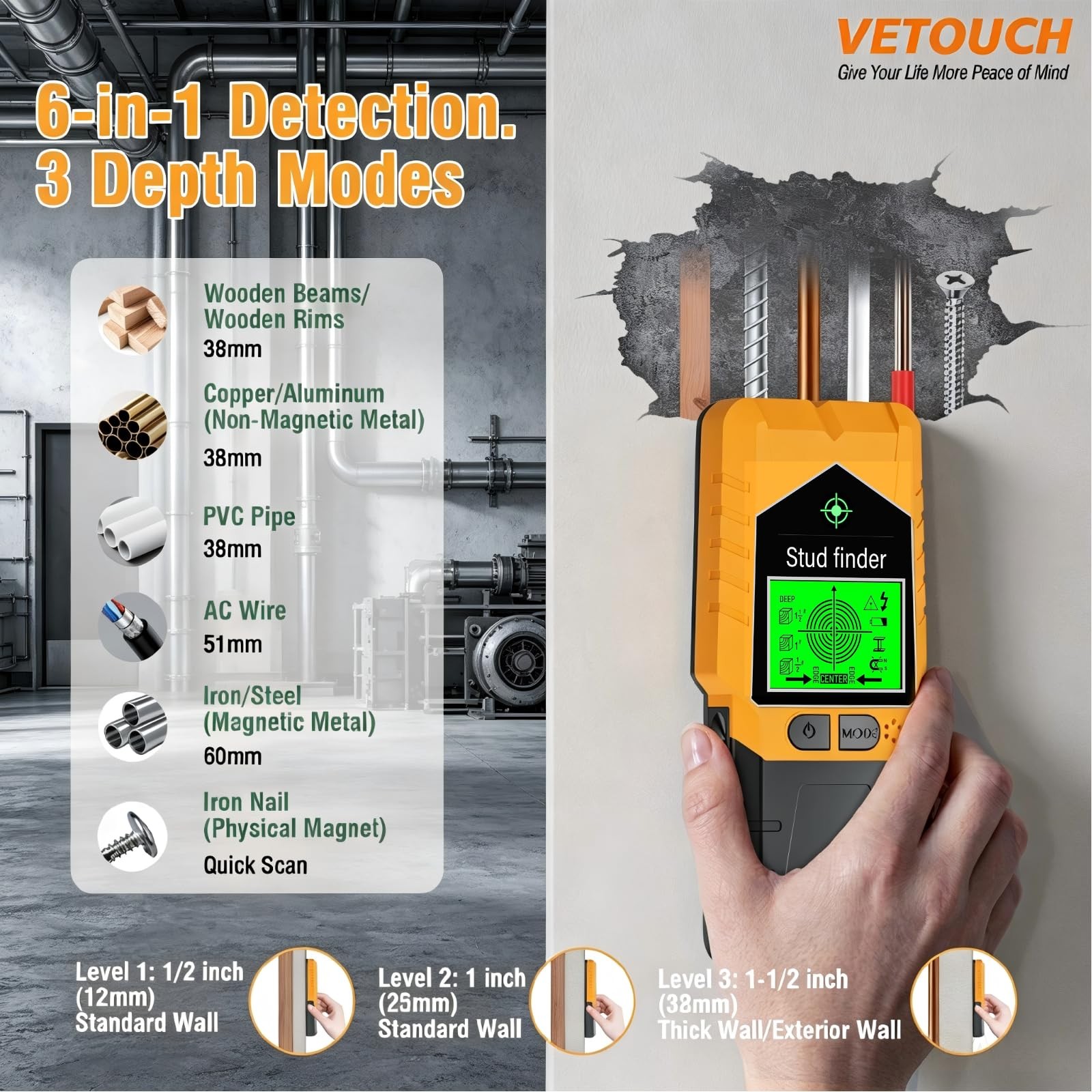 VETOUCH Orange Black Stud Finder Wall Scanner LCD Display