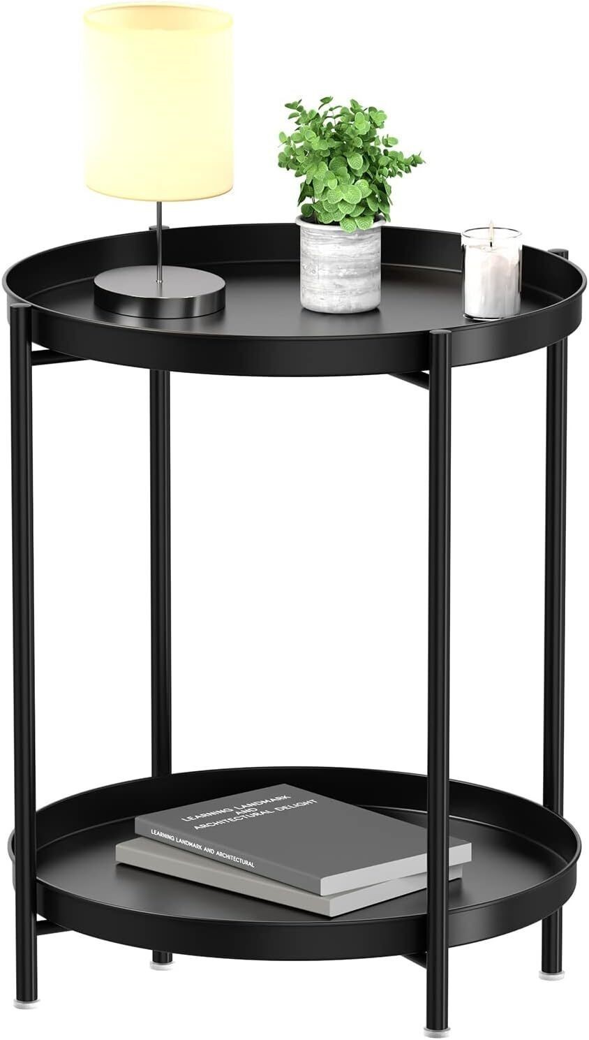 2 Tier End Table Metal Side Table Waterproof Small Sofa Coffee Side Table US