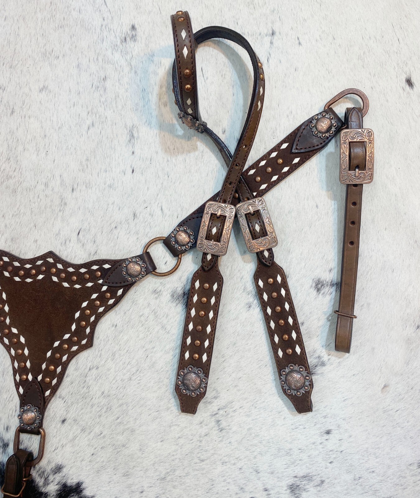 Genuine Western Headstall and Breast Collar Set with Copper Studs Décor MOUSM