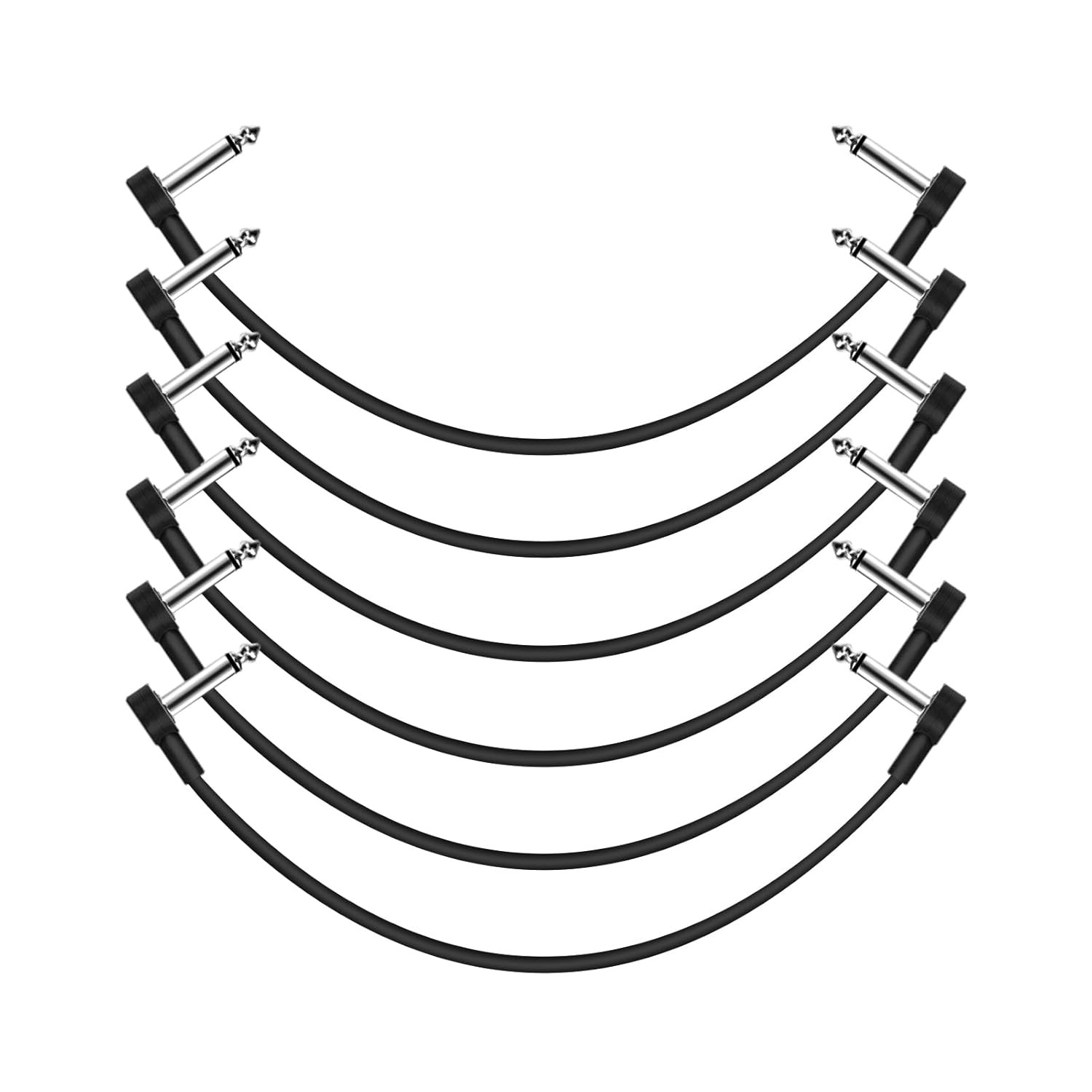 12 Inch Guitar Patch Cables 6 Pack, 1/4" TS Right Angle Effect Pedal Flat Cables