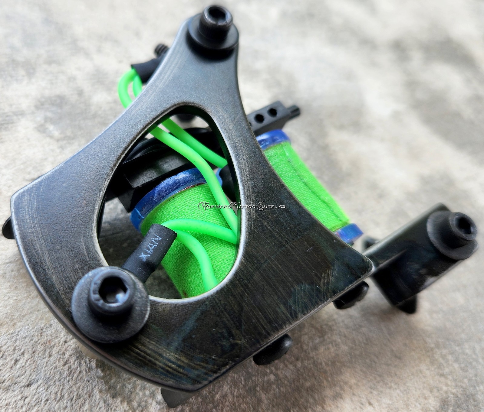 Blackened Distressed Jensen Liner Tattoo Machine Light Blue Neon Lime Handmade