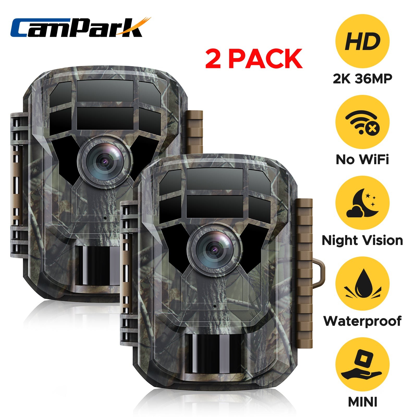 2 Pack Campark Mini 36MP Game Trail Deer Camera 2K Wildlife Hunting Game Cam