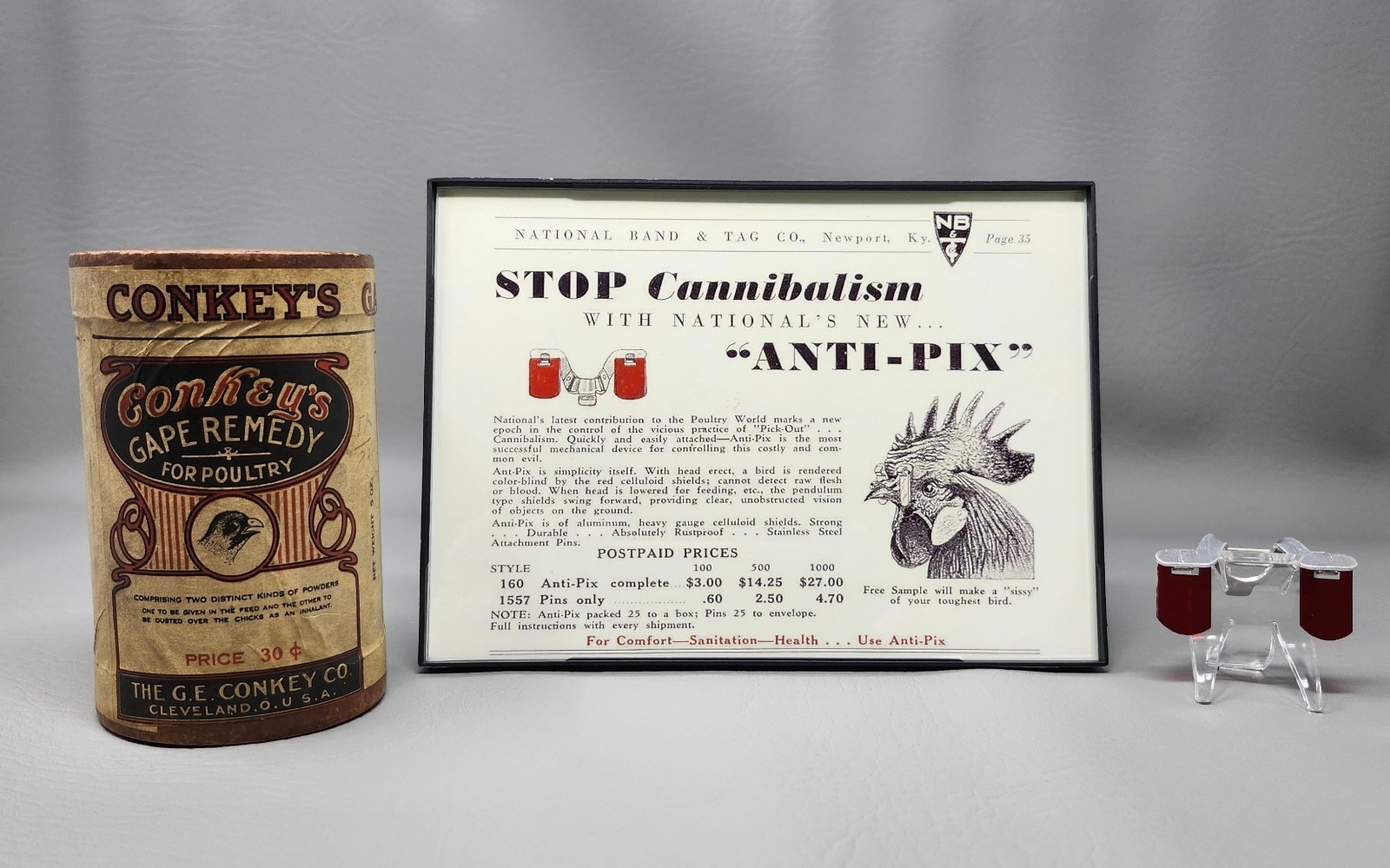 Vtg. Can of Conkey's Gape Remedy For Poultry  + Orig. Pair RED Chicken Glasses