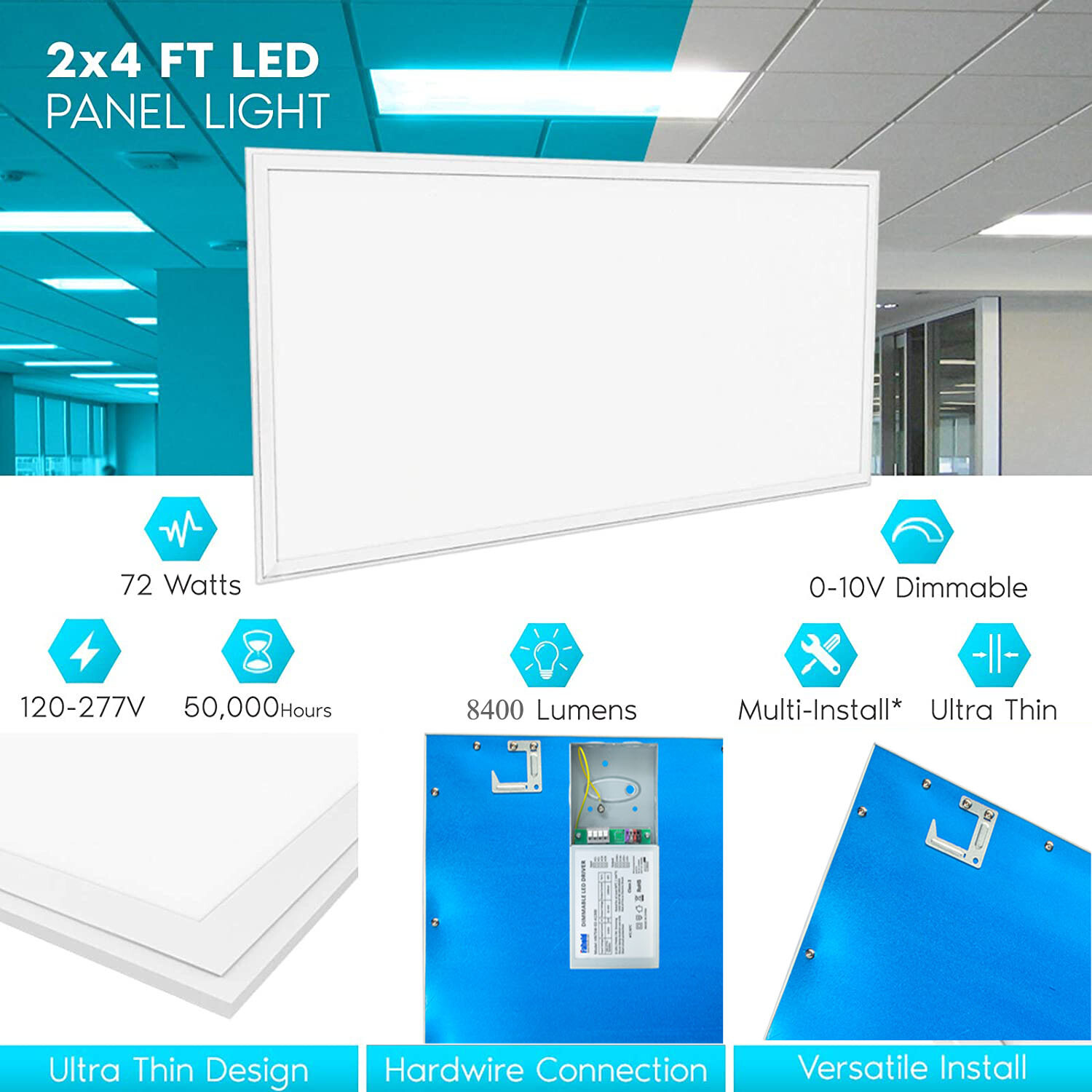 2x4 FT LED Flat Panel Light 5000K Daylight White, 75W Drop Ceiling Office Lights