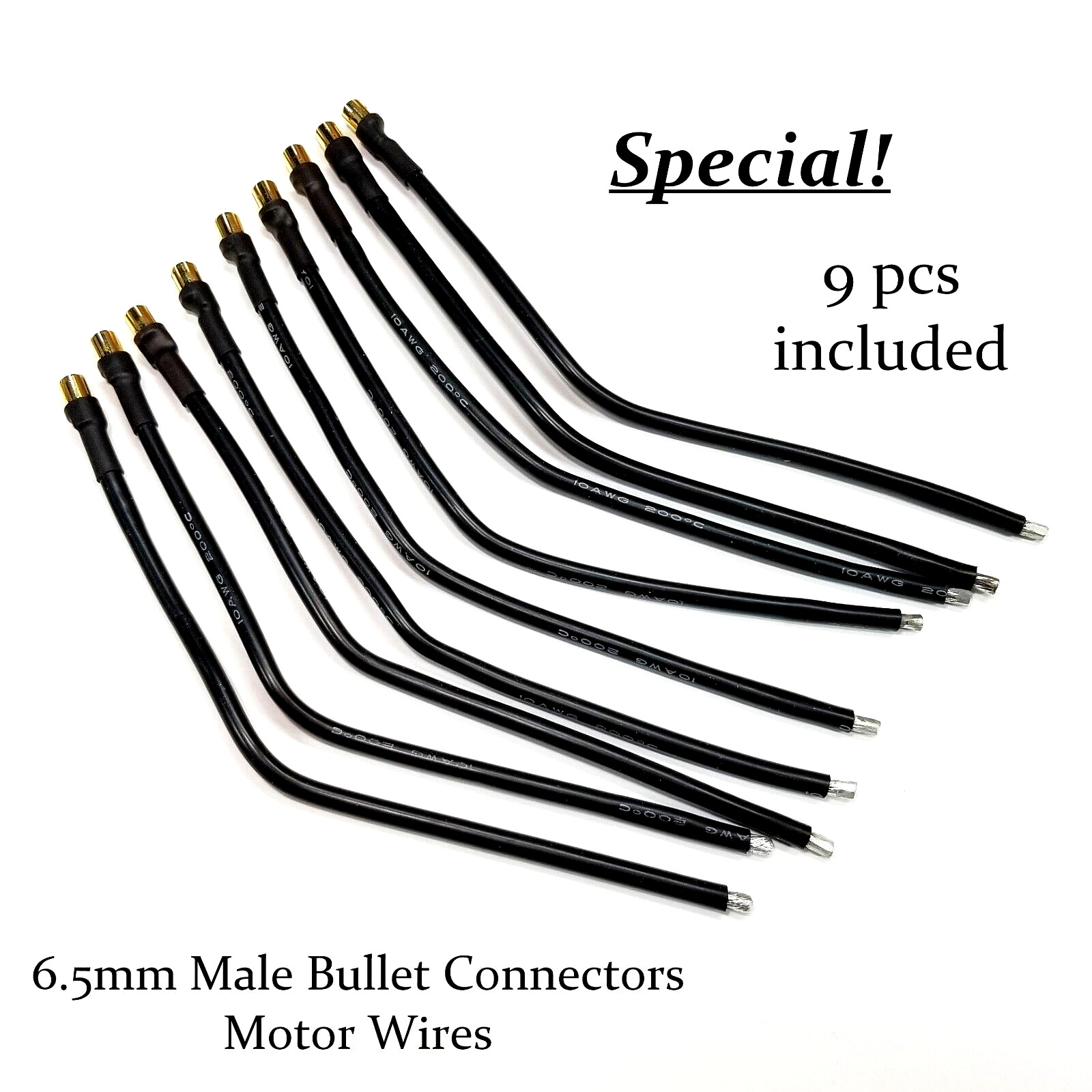 RCP Motor Wires 6.5mm male bullet connectors 9 pcs 10 awg wire tinned ends 8"