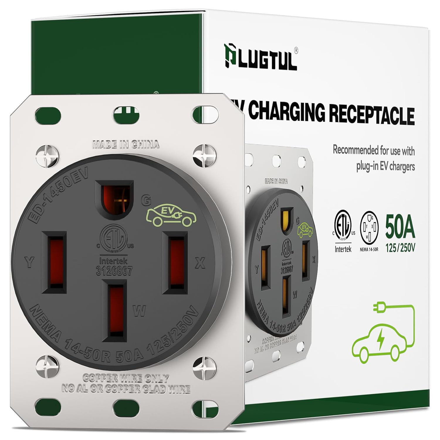 NEMA 14-50R Outlet - 50AMP EV Charging Receptacle with Wall Plate, Straight Blad