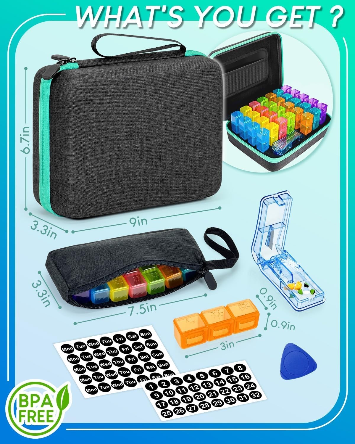 Hard Shell Black Pill Organizer - 31 Compartments for Easy Medication Management