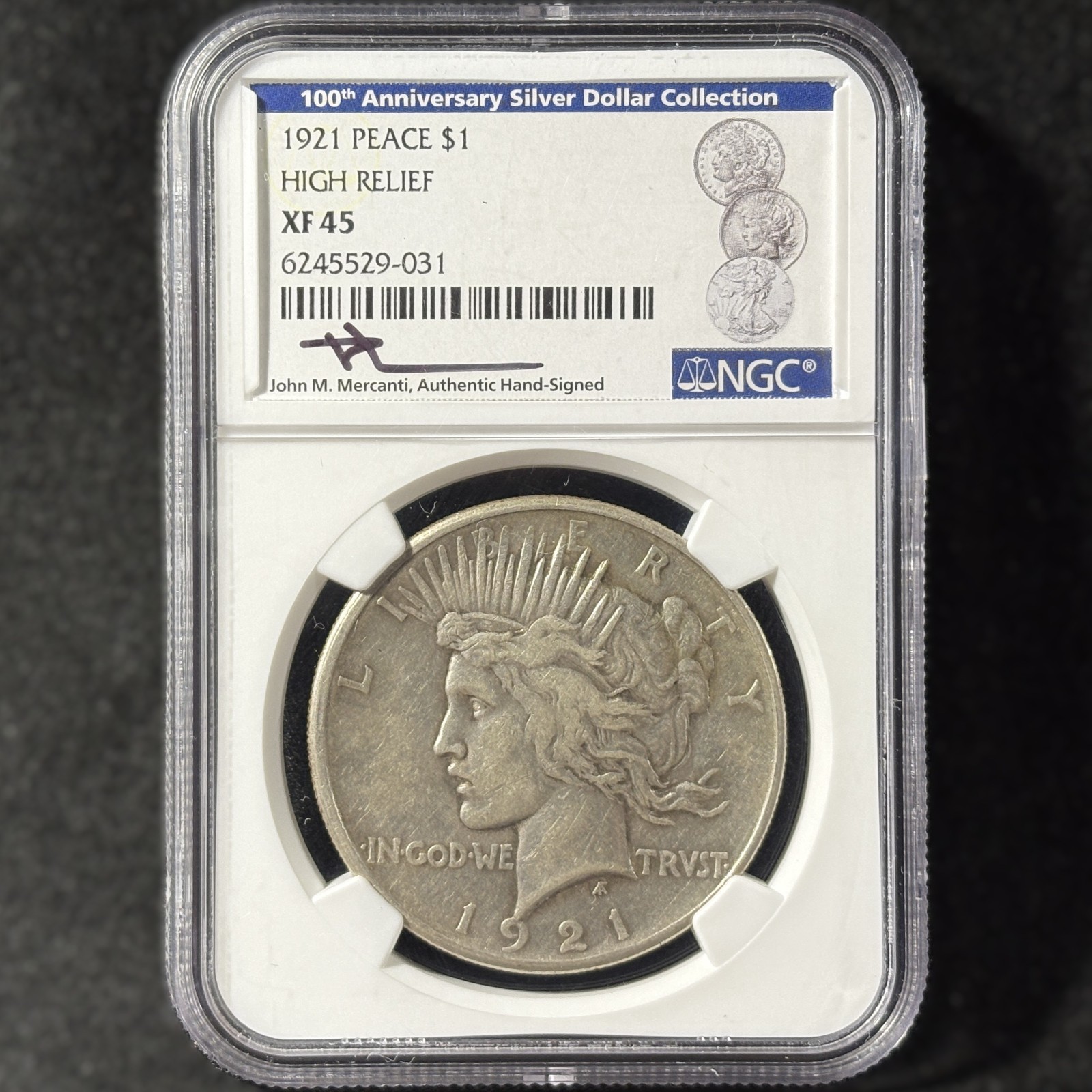 1921 $1 Peace Silver Dollar High Relief Mercanti Label Extremely Fine NGC XF 45