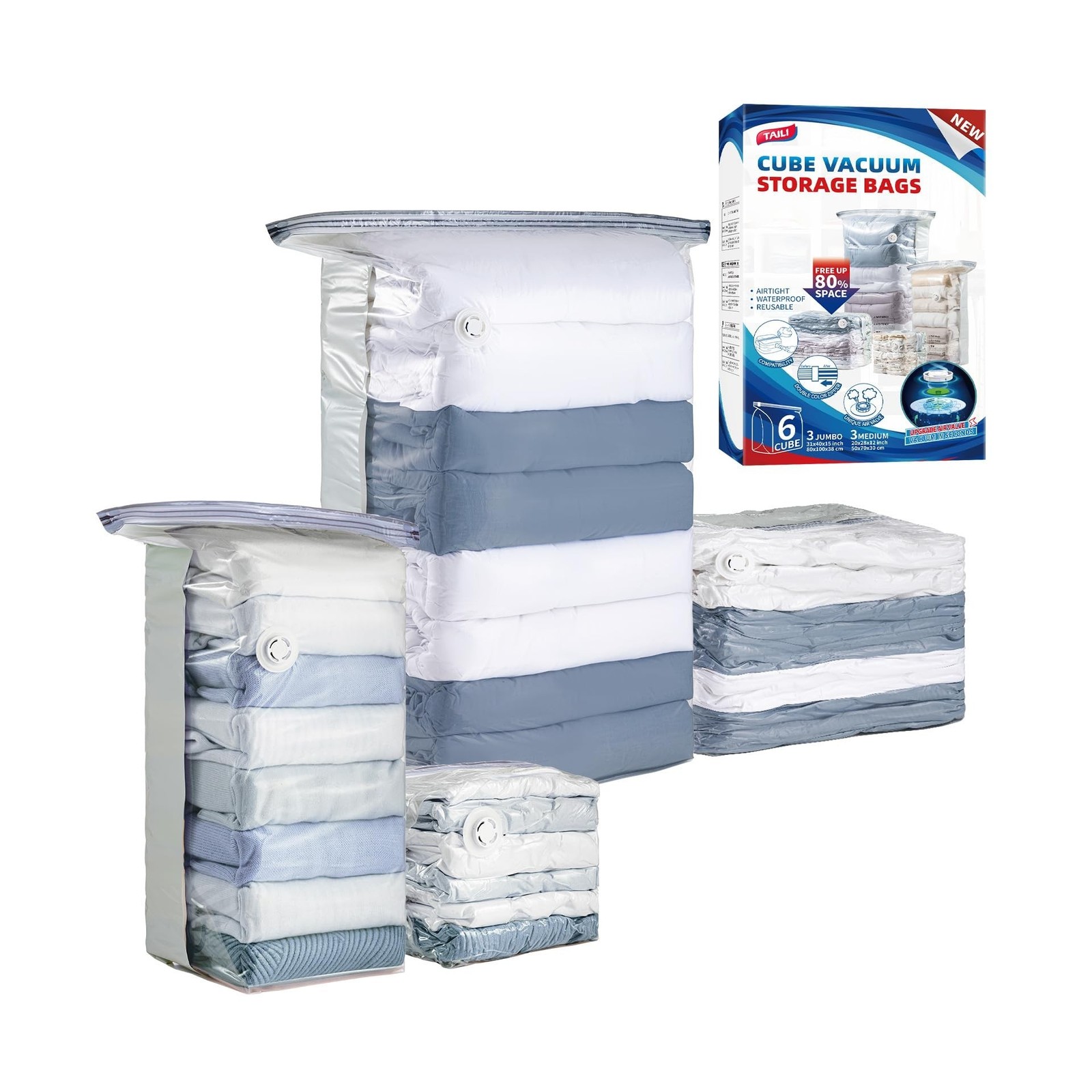 TAILI 6 Pack Vacuum Storage Bags, Cube Space Saver Bags Combo (3 Jumbo +3 Med...