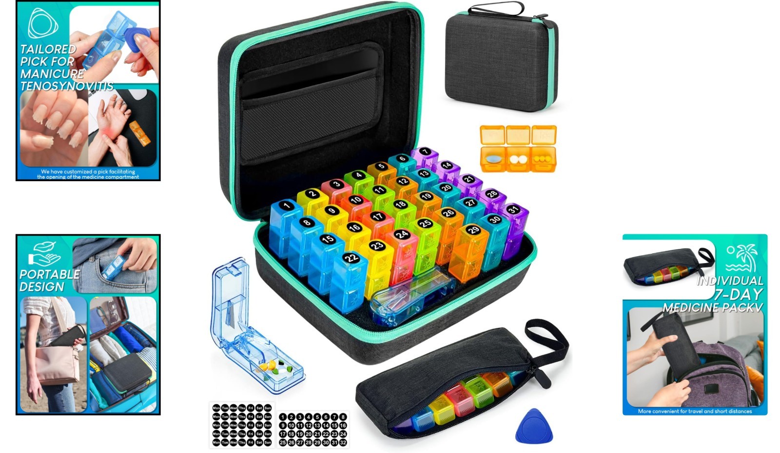 Hard Shell Black Pill Organizer - 31 Compartments for Easy Medication Management