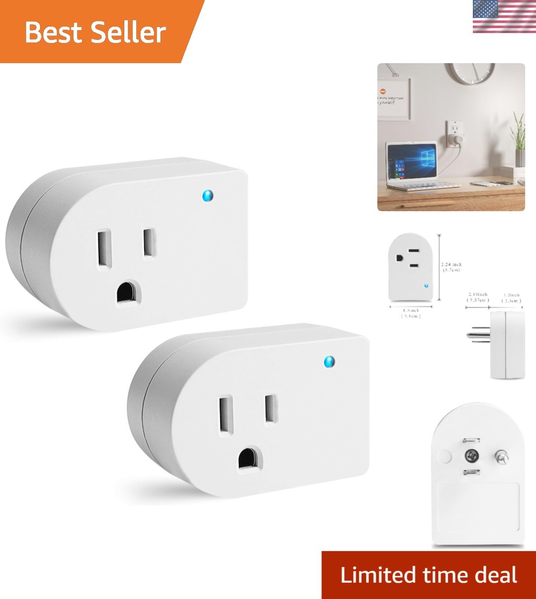 Compact Grounded Outlet Adapter with Indicator Light – 245J Protection, 2 Pack