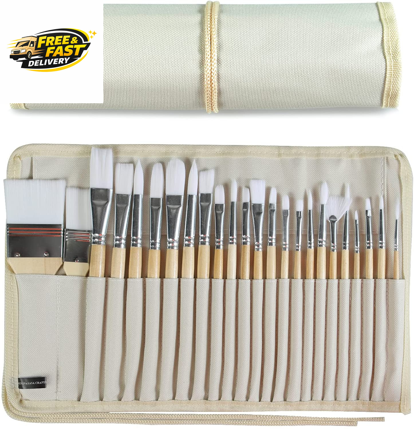Paint Brushes Set of 24 Pieces Wooden Handles Brushes with Canvas Brush Case,
