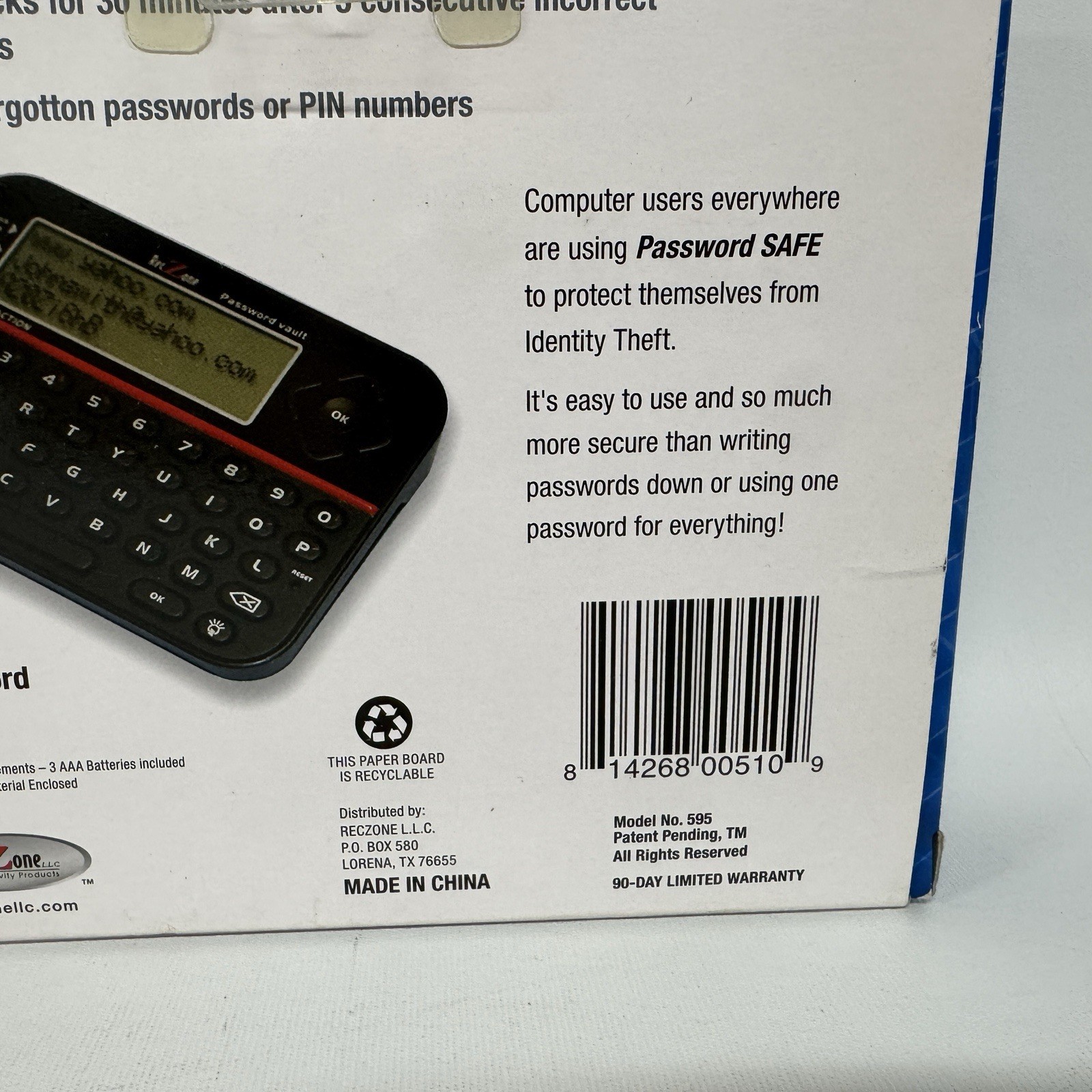 RecZone Password Safe Model 595 Secure Vault Password Organizer Remember NEW NIB