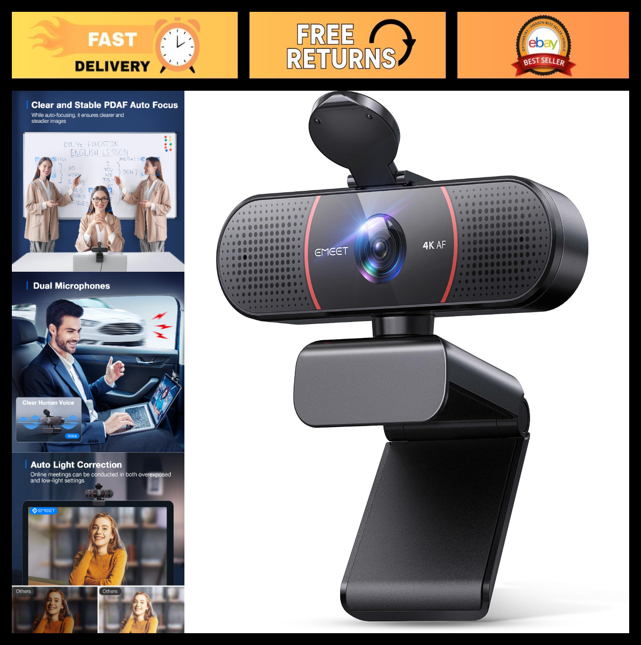 4K Webcam with Auto Focus, Dual Mics, Privacy Cover, USB Plug & Play for Zoom/Te