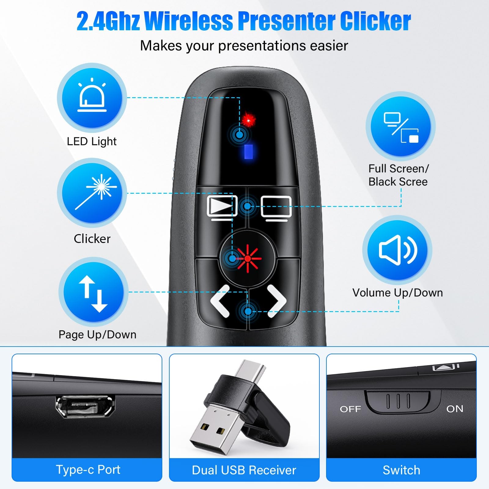 USB C Presentation Clicker Wireless Presenter Remote Rechargeable RF 2.4GHz
