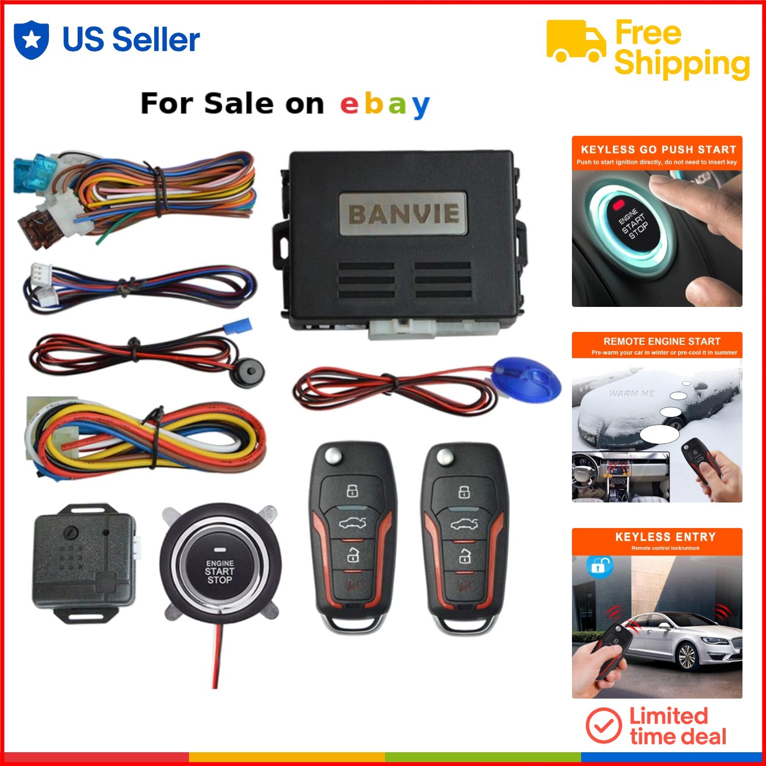 Car Security Alarm System Keyless Entry Remote Start Push Button Auto-Lock