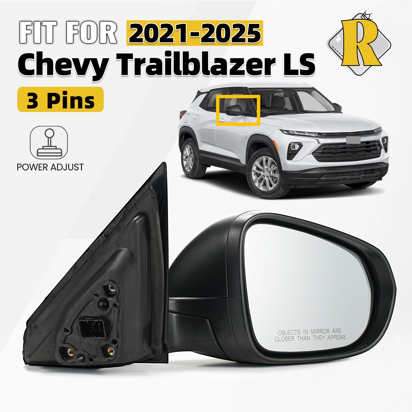 Right Side Mirror For 2021-2025 Chevy Trailblazer LS Textured Power Adjust 3 Pin
