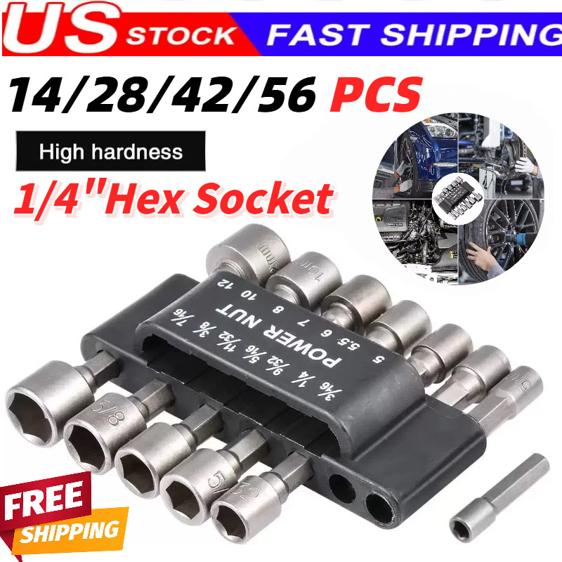 Power Nut Driver Bit Set Quick Change MM & SAE Impact 1/4" Hex Shank FREE SHIP