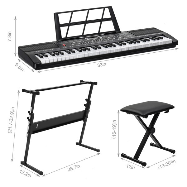 61-key electronic keyboard + stand + stool set, black