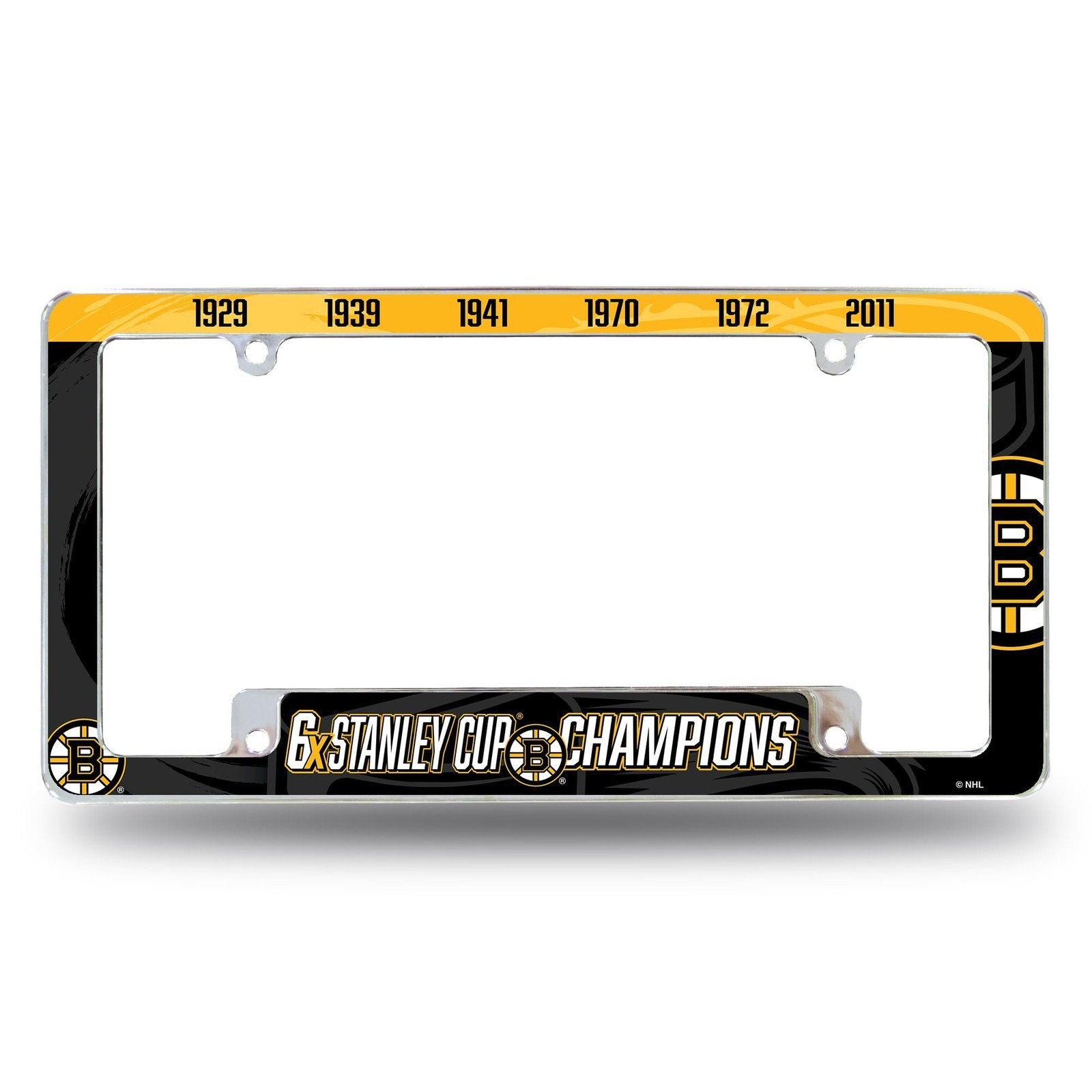 Boston Bruins Premium Metal License Plate Frame Tag Cover, 6-Time Champions Desi