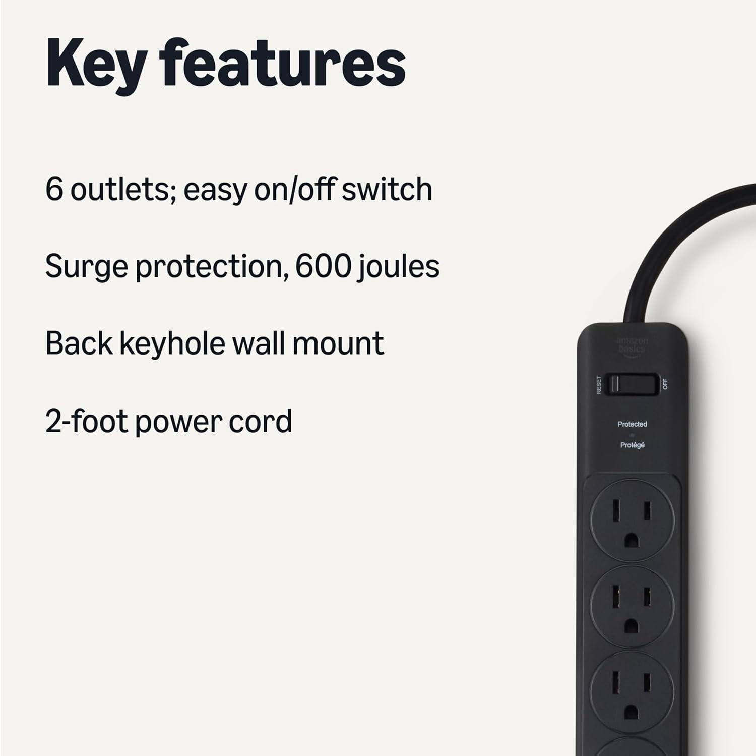Amazon Basics Rectangle 6-Outlet, 600 Joule Surge Protector Power Strip, 2ft, Bl