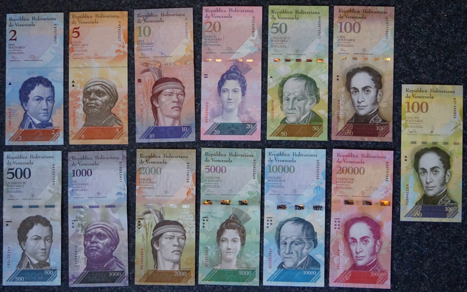COMPLETE Series 13 Banknotes VENEZUELA: 2 - 100,000 BOLIVARS 2007 - 2017