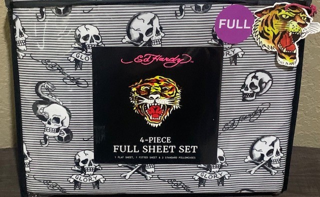 Ed Hardy Striped White/Grey/Black w/Skulls, Glory &Logo Print 4pc FULL Sheet Set