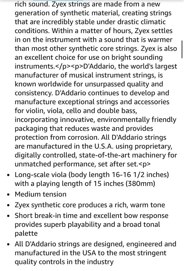 D'Addario Zyex Viola String Set Long Scale Medium Tension New ✅