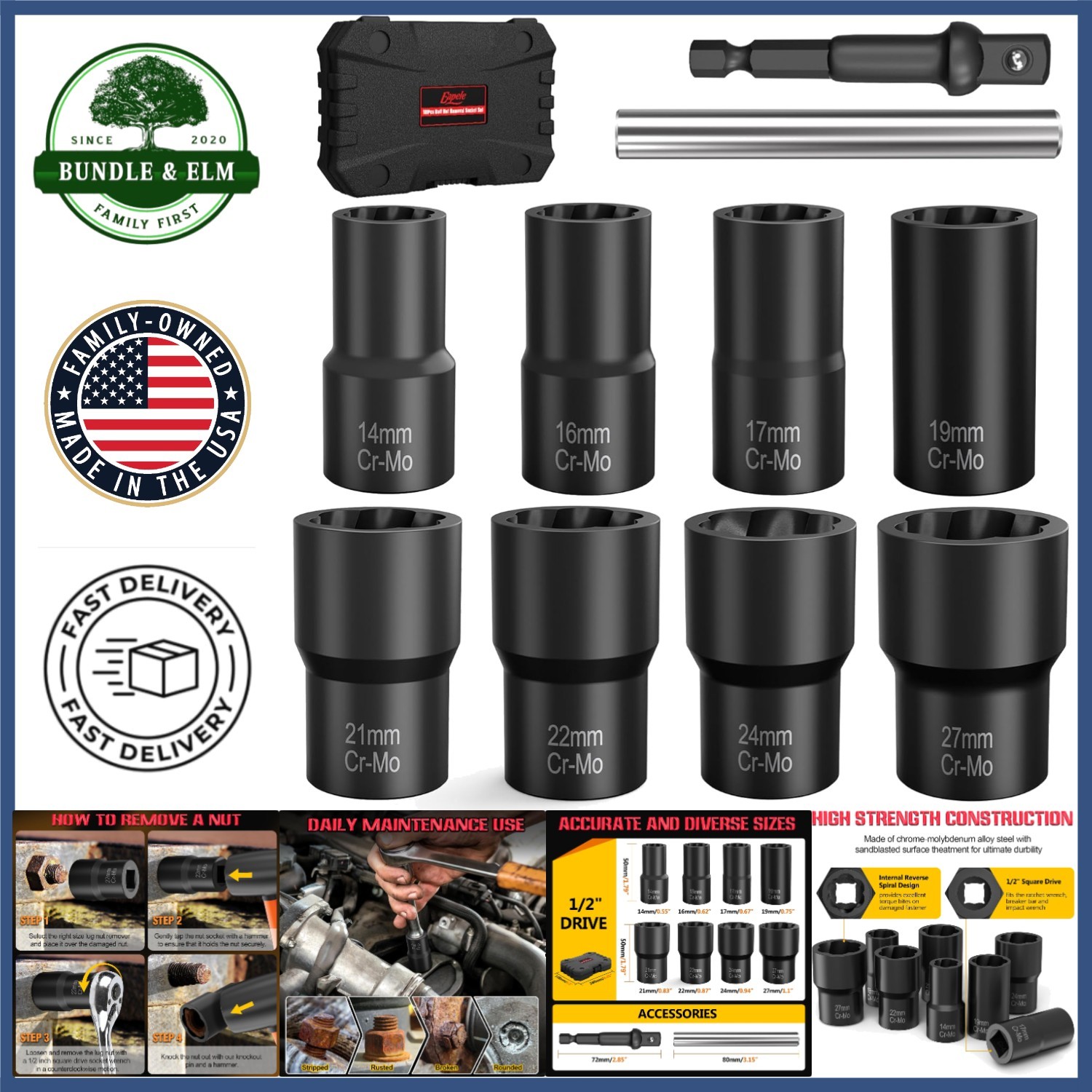 Heavy-Duty Lug Nut Remover Set with Various Sizes for Different Applications