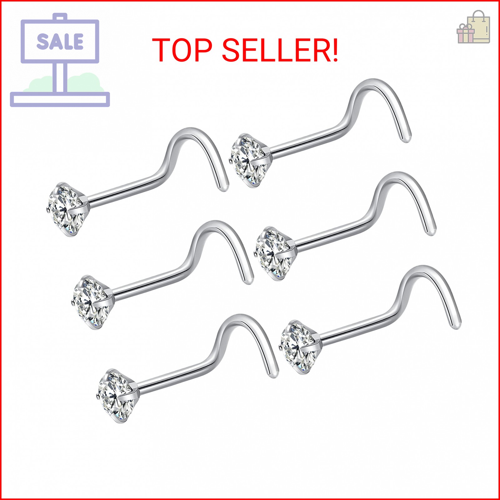 Fzroezz 6Pcs Nose Studs 18 Gauge Corkscrew Nose Piercings Nose Rings Studs Nostr