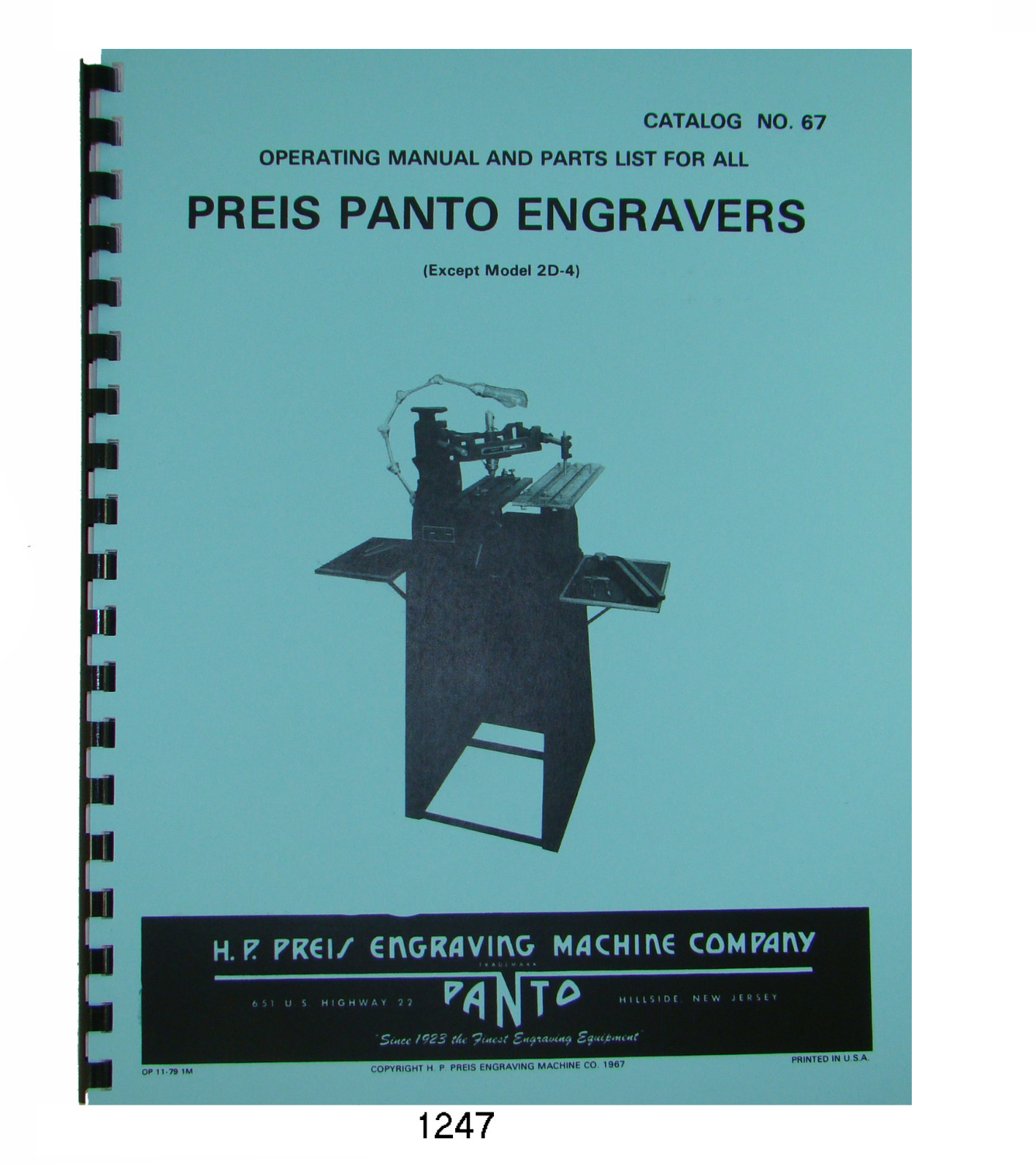 Preis Panto Engravers Operating and Parts List Manual for All Models #1247