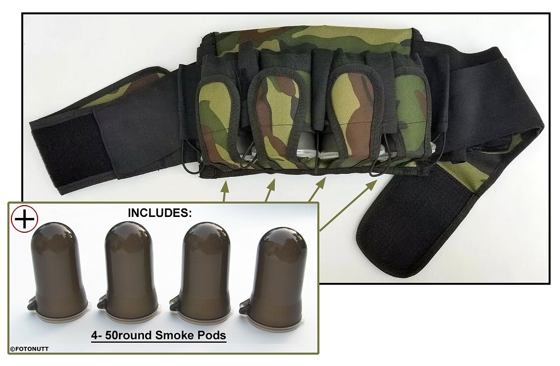 DELUXE woodsball CAMO PACK Paintball Pod Pack / Harness - comes w/4-50rd Pods