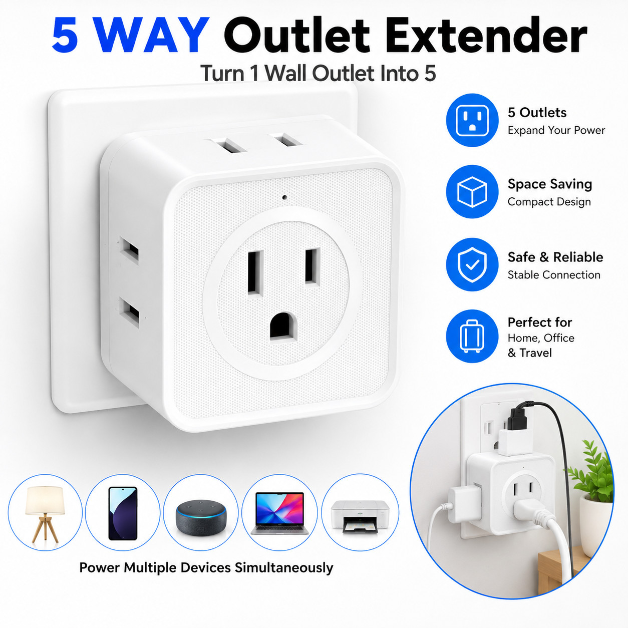 5 Way Wall Outlet Extender Multi Plug Adapter Splitter US Plug Travel Home Offic