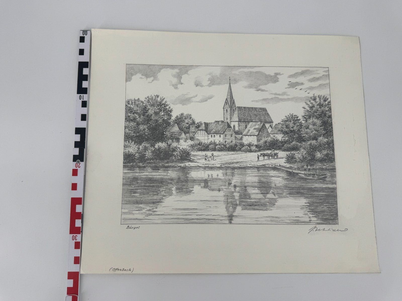 * HEINZ WEHLISCH DRAWING BÜRGEL OFFENBACH VIEW SIGNED