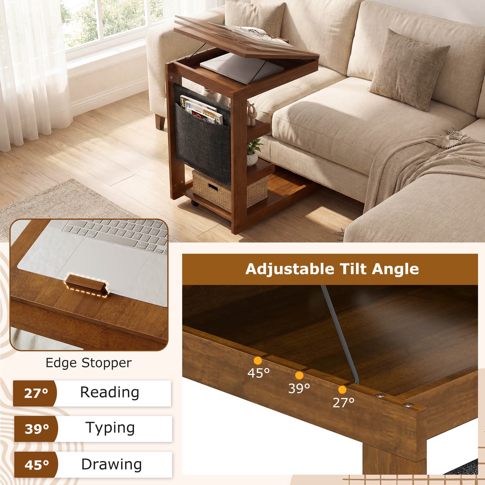 2PCS C-shaped End Table w/Wheels Adjustable Desktop Edge Stopper Storage Pocket