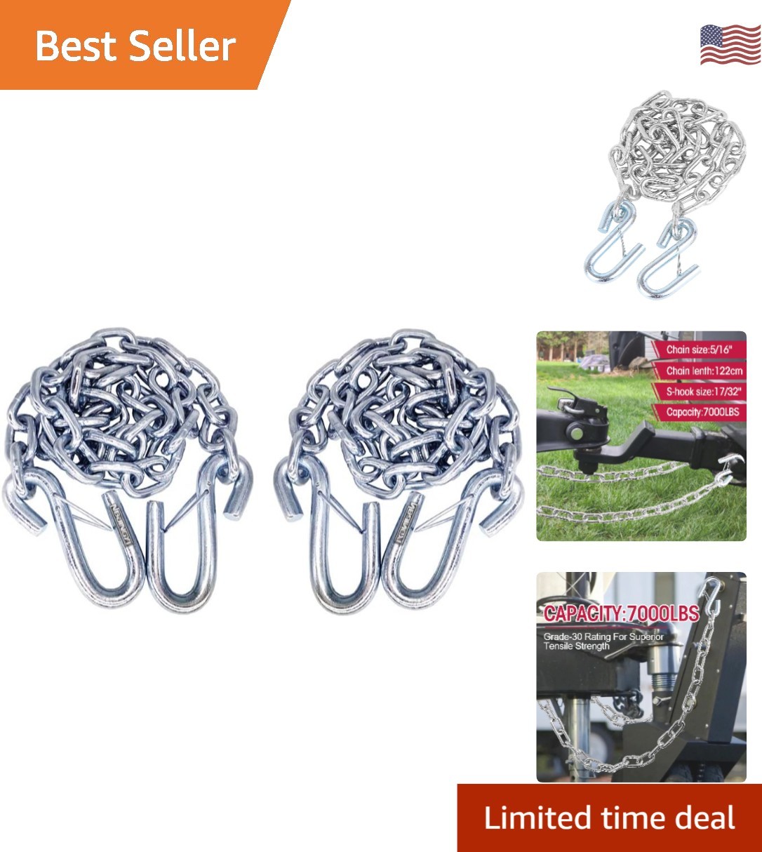 5/16" X 48" Trailer Safety Chain with Spring Clips Grade 30 with 2 S Hook 2PCS