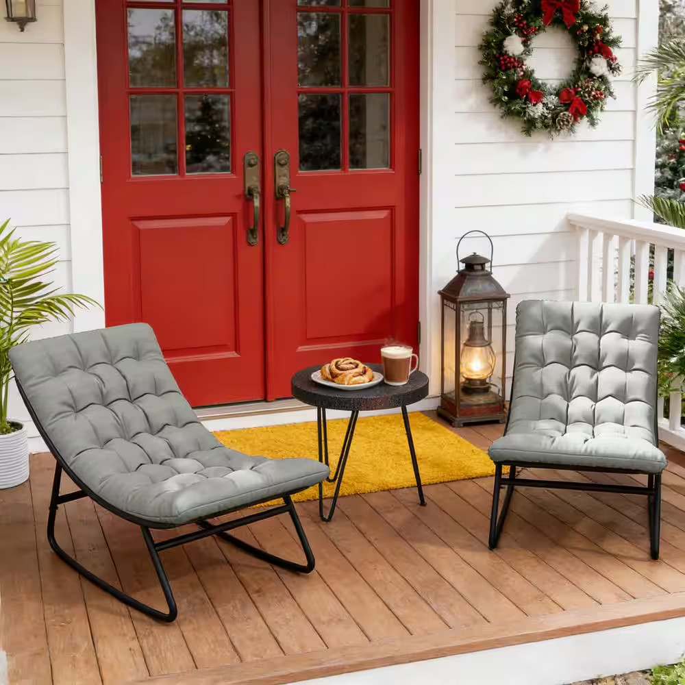 2-Piece Black All-Weather Metal Outdoor Rocking Chair Porch Chairs with Dark Gra