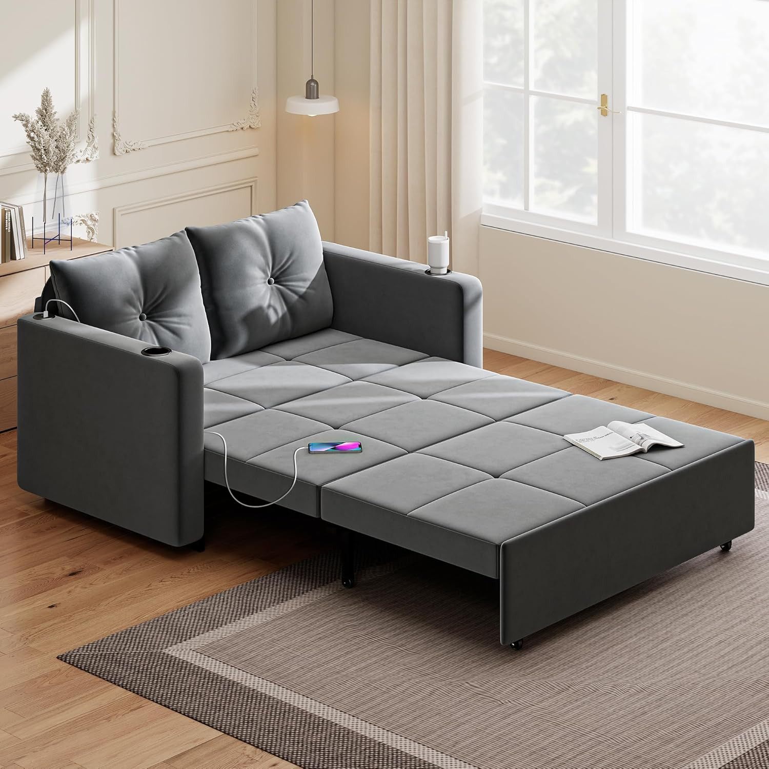 3 in 1 Pull Out Couch, 56 Inch Velvet Sofa Bed, Convertible Loveseat Sleeper Sof