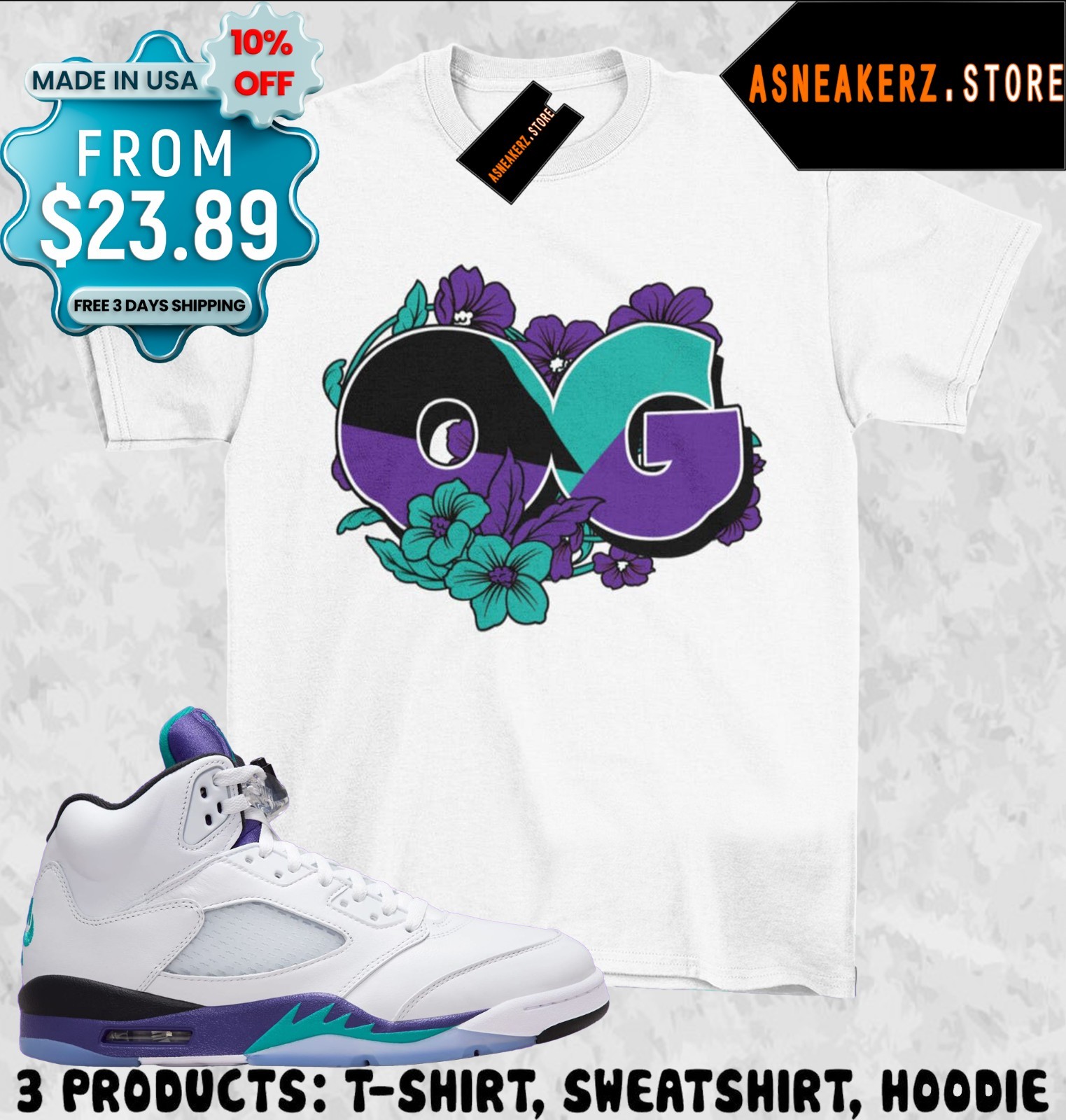 Shirt To Match AJ 5 Grape 2025 Sneaker Matching Tee Floral OG T-Shirt