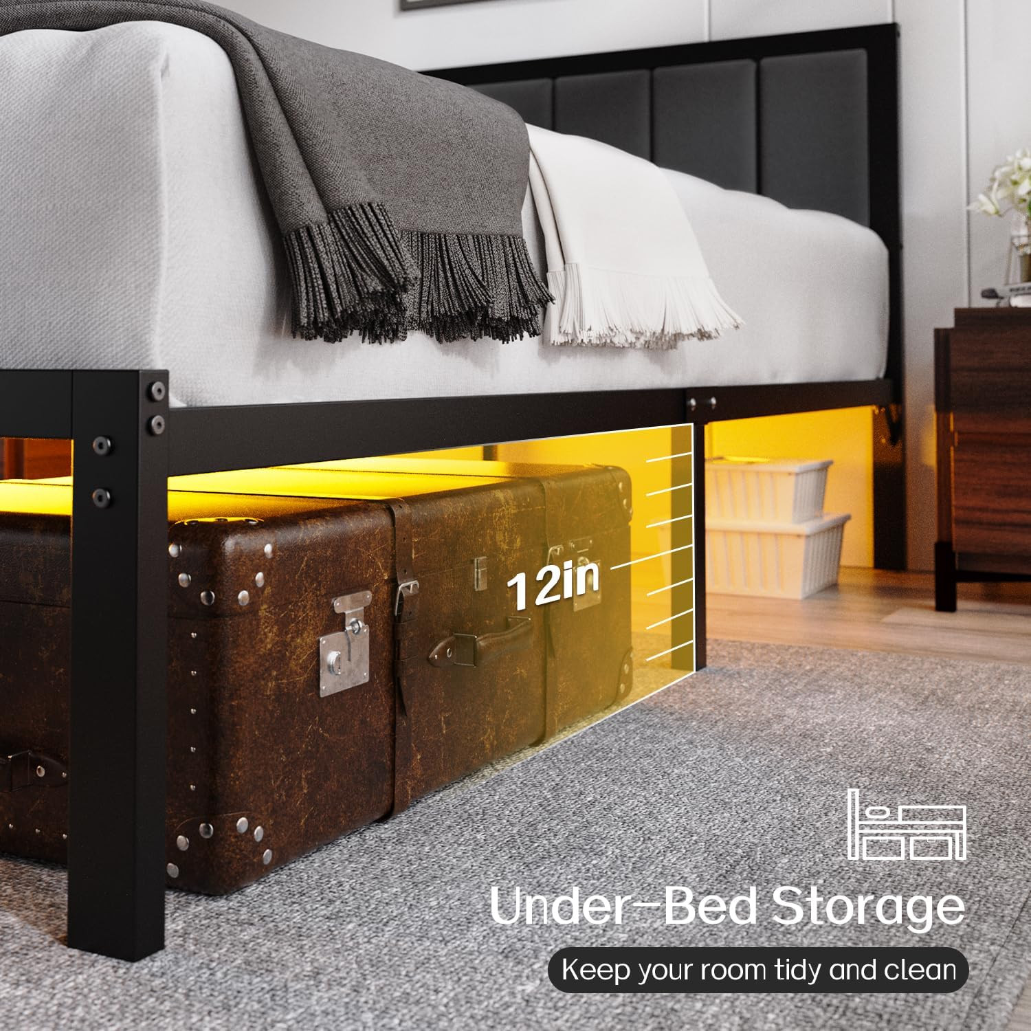 Full Bed Frame with Headboard Metal Platform Bed Full Size with USB Charging Sta