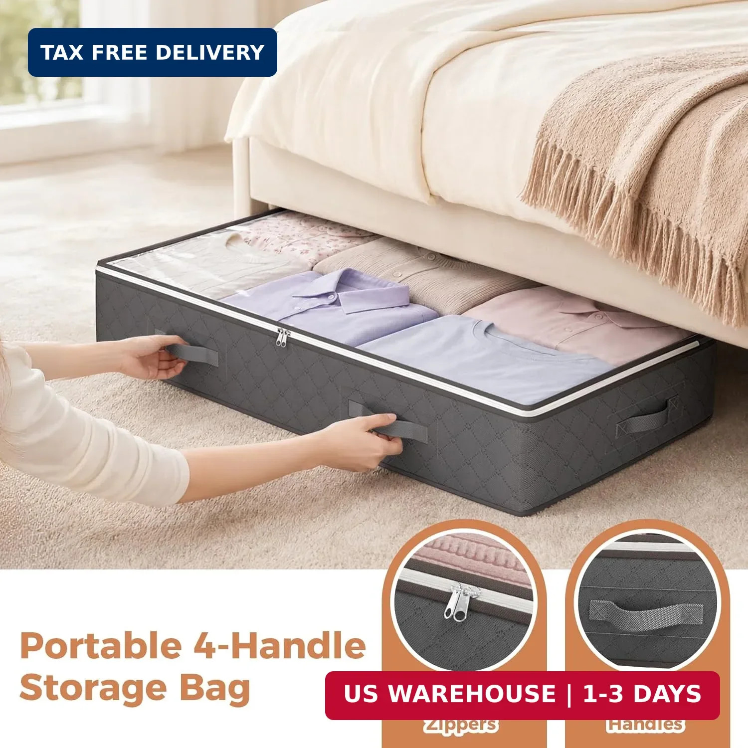 90L Under Bed Storage Containers, 4 Pack Closet Organizers Grey | Foldable under