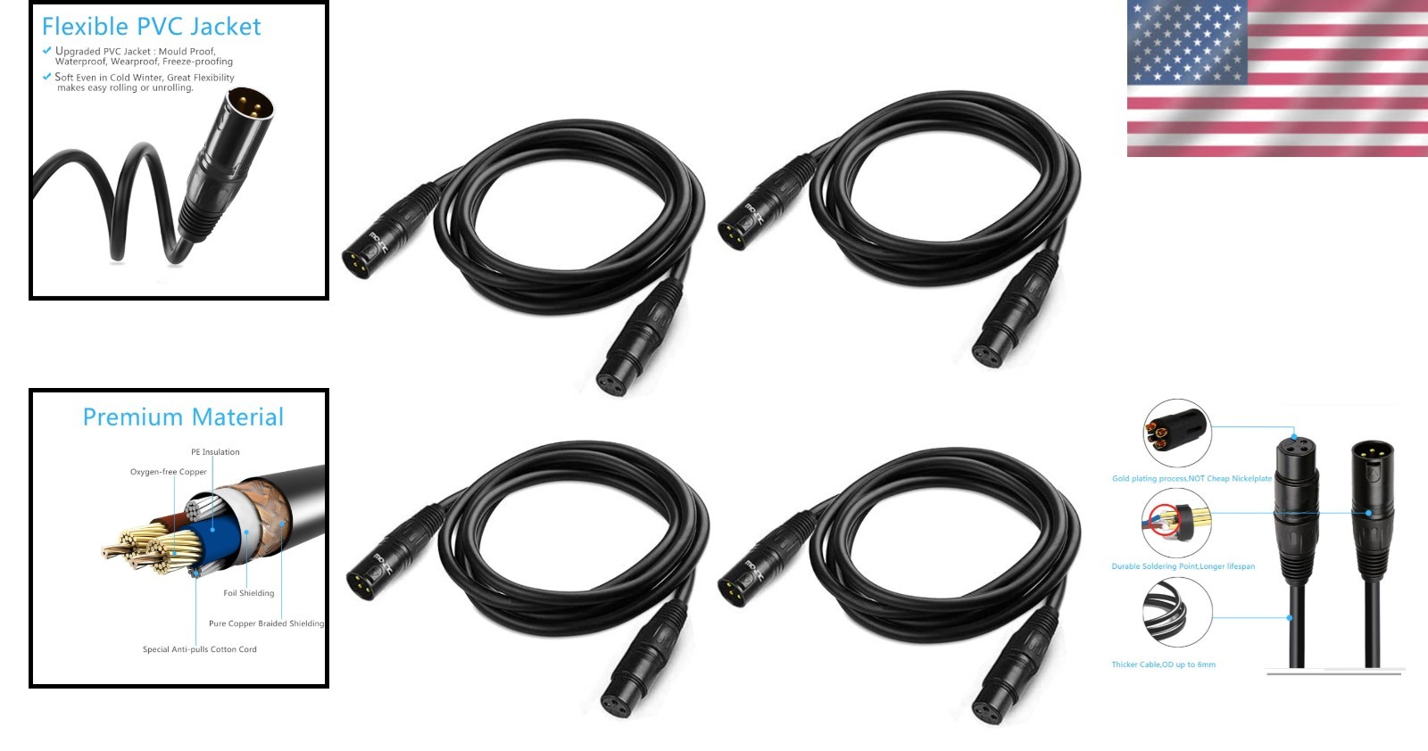 6ft DMX Cable Gold Plated 3 Pin XLR Male to Female for Stage Lighting 4 Pack