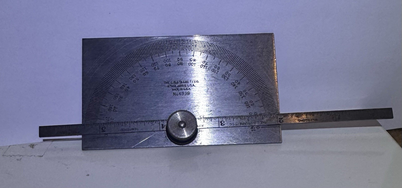 STARRETT No. C493B Satin Chrome Finish  Steel Protractor Depth Gage. USA Made
