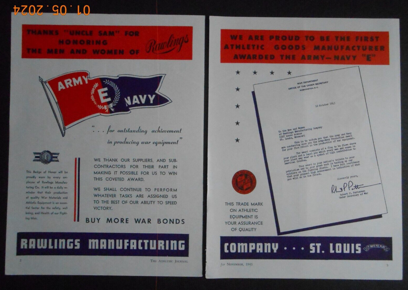 1943 WWII Rawlings MFG Sporting Goods CO St Louis MO Print AD Yankees Cardinals