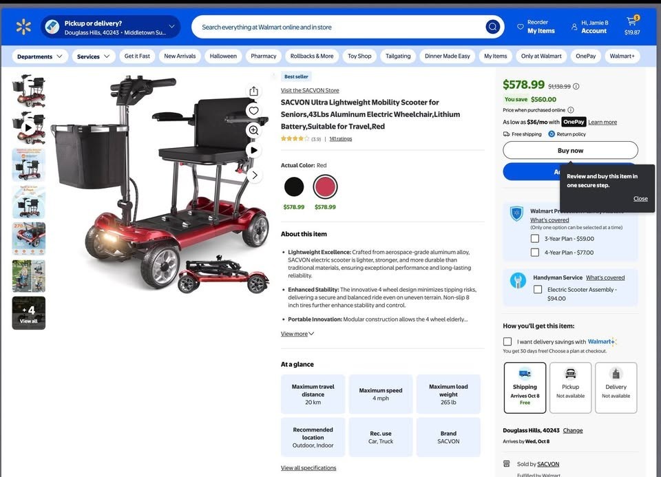 SACVON 4-Wheel Mobility Scooter Foldable w/ Baskets Lights Red – New Open Box